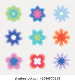 Nove formas florais coloridas e borradas sobre um fundo branco. Cada flor apresenta uma combinação de cores única, criando um padrão artístico e vibrante. Vetor de conjunto de elementos brilhante bonito.