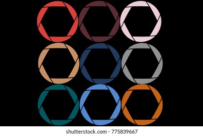 Nine colorful, bright, colorful diaphragms painted in the most fashionable colors of 2018 on a black background. Vector illustration.