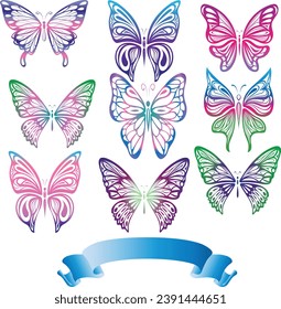 Nine Colorful Butterflies Vector with Ribbon