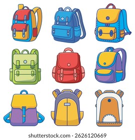 Nine colorful cartoon backpacks perfect for educational and school related designs targeting children and young students for various projects.