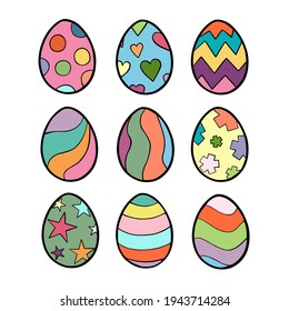 Nine colorful doodle black line Easter Egg with various patterns on white silhouette. Hand drawn cartoon style. Decoration for any design. Vector illustration of kid and holiday. 