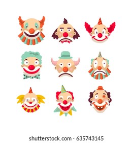 Nine colorful emotional clown portraits isolated on white