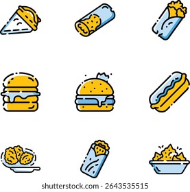 Nine colorful fast food icons: burger, hot dog, tacos, burrito, fries, and more.