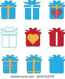 Nove caixas de presente coloridas com diferentes desenhos de fita e coração isolados no branco. Perfeito para feriados, aniversários e ocasiões especiais.