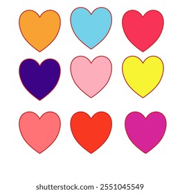 Nine colorful hearts.  Hearts, colorful, Valentine's Day, love, graphic, design, pattern, background, vibrant, pink, red, orange, yellow, purple.