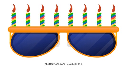 Nine colorful lit birthday candles are placed on top of orange sunglasses, creating a festive and playful image perfect for birthday celebrations or party themes