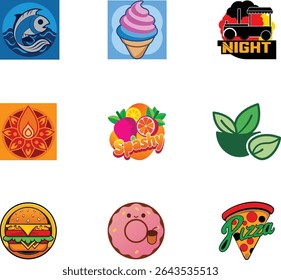 Nove designs coloridos para empresas de alimentos e bebidas.