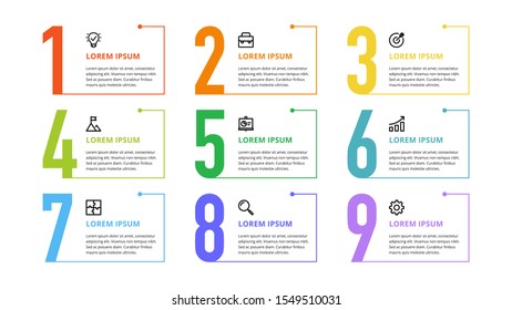 Nine colorful numbers or figures and rectangular elements or cards with place for text. Infographic design template. Creative vector illustration for business options, steps, processes.