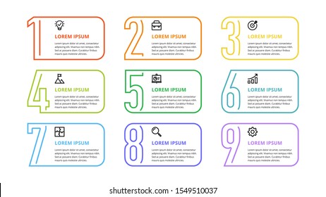 Nine colorful numbers or figures and rectangular elements or cards with place for text. Infographic design template. Creative vector illustration for business options, steps, processes.