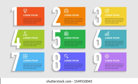 Nine colorful numbers or figures and rectangular elements or cards with place for text. Infographic design template. Creative vector illustration for business options, steps, processes.