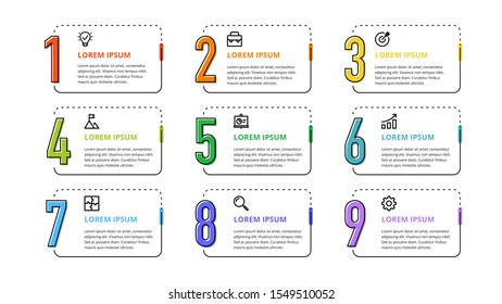 Nine colorful numbers or figures and rectangular elements or cards with place for text. Infographic design template. Creative vector illustration for business options, steps, processes.