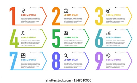 Nine colorful numbers or figures and rectangular elements or cards with place for text. Infographic design template. Creative vector illustration for business options, steps, processes.