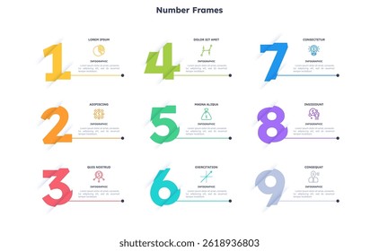 Nine colorful numbers or figures and rectangular elements or cards with place for text. Infographic design template. Creative vector illustration for business options visualization, website menu.