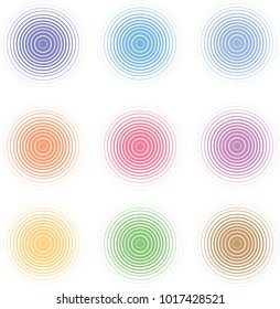 Nine colorful pastel ripple circle on white background.