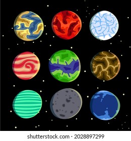 Nine colorful realistic planets vector included moon. Excellent for games, lettering and any customizations.