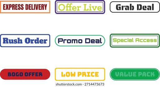 Nine colorful rectangular labels with various promotional phrases on a transparent background