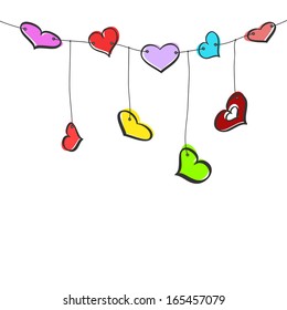 Nine colorful sketch hanging hearts on white background