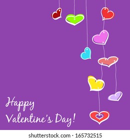 Nine colorful sketch hanging hearts on purple background