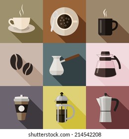 Nine Colorful Square Flat Coffee Icons With Long Shadow