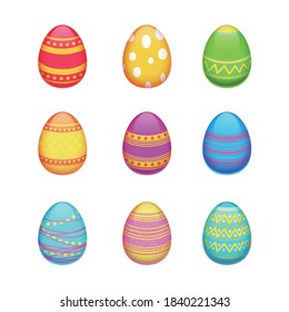 Nueve coloridos huevos de Pascua a rayas
