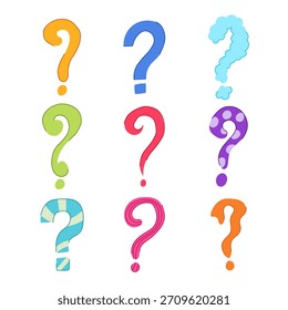 Nueve coloridos signos de interrogación estilizados en diferentes patrones y texturas sobre un fondo blanco, que simbolizan la curiosidad, la resolución de problemas, la incertidumbre y la búsqueda de respuestas