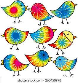 Nine colorful tie-dyed chicks for your designs