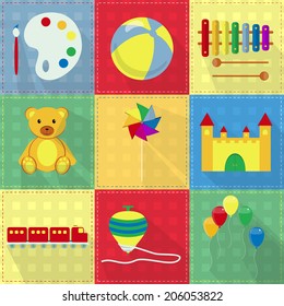 Nine colorful toy icons with watercolor, ball, xylophone, teddy bear, pinwheel, toy castle, toy train, spinning top and colorful balloons