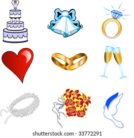 Nine colorful wedding web icons.