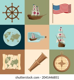 nine Columbus day set icons