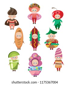 nine comic vector images of young children in carnival costumes depicting food and drinks