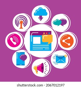 nueve iconos de conjunto de tecnología de comunicaciones
