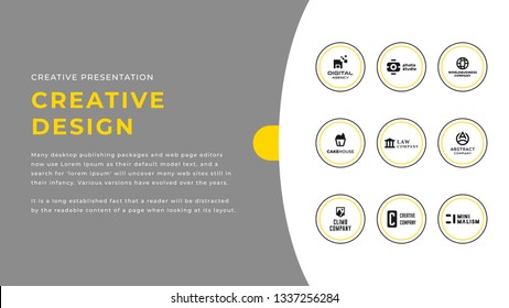 Nine company logos modern business presentation design with yellow and gray colors. Editable annual report flyer leaflet corporate presentation Power Point PPT template. Simple webpage design