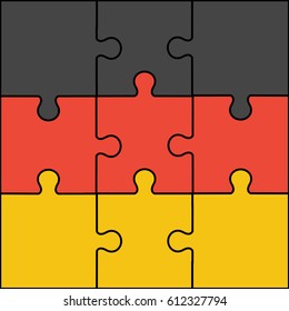 nine complete flat design style clean simple like background national Germany flag - black, red and yellow color with black line or outline & Jigsaw vector. Puzzle modern simple illustration