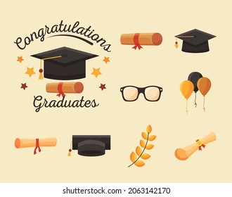 nine congrats graduates set icons