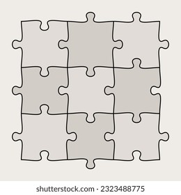 Nine connected jigsaw puzzle parts flat vector illustration. Infographic template with separate matching pieces. Teamwork concept.