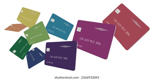 Nine credit card or debit cards in the colors of the spectrum float above a white background in this 3-D vector.