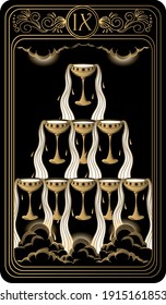 Nine of cups. Card of Minor arcana black and gold tarot cards. Tarot deck. Vector hand drawn illustration with skull, occult, mystical and esoteric symbols.