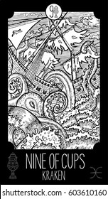 Nine of cups. Kraken. Minor Arcana Tarot card. Fantasy line art illustration. Engraved vector drawing. See all collection in my portfolio set.