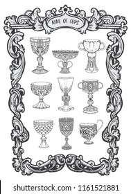 Nine of cups. Minor Arcana tarot card. The Magic Gate deck. Fantasy engraved vector illustration with occult mysterious symbols and esoteric concept