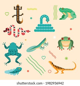 nine cute amphibians set icons
