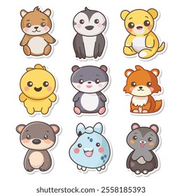 Nine cute animal stickers feature a bear penguin chick and others.