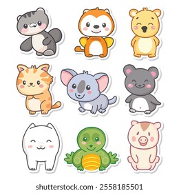 Nine cute animal stickers feature a cat bear and pig.