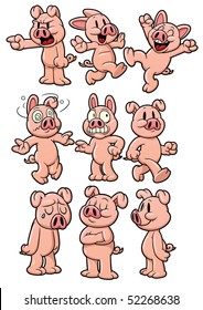 Nine cute cartoon pigs. All in separate layers for easy editing.