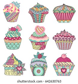 Nine cute colorful cupcakes set for design element. Vector illustration