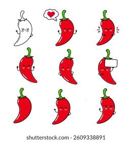 Nine cute, expressive, cartoon chili peppers on white background, showing different emotions.