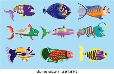 Nueve personajes de peces lindos. Activos de dibujos animados para el aprendizaje y productos para niños. Diseño basado en vectores