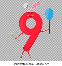 Nine Cute fun colorful figure in the form of cartoon characters for kids isolated. Vector Illustration children s mathematical symbol, smiling.