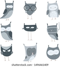Nine cute handdrawn owls set