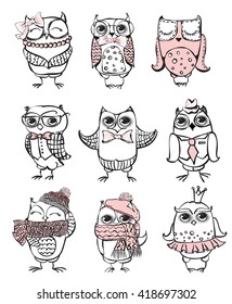 Nine cute hipster owls