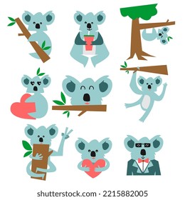 Nine cute koalas element isolated on white background.